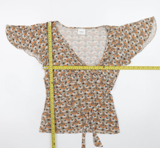 Next Women Orange Floral Wrap Blouse UK 10 V-Neck Flutter Sleeve