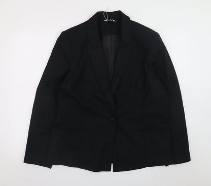 Classic Black Linen Blend Blazer Women Size 18 Single Breasted Lined