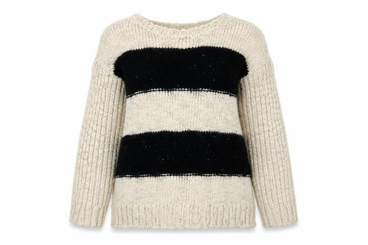 Mango Women’s Black Beige Stripe Knit Wool Blend Jumper Size 14