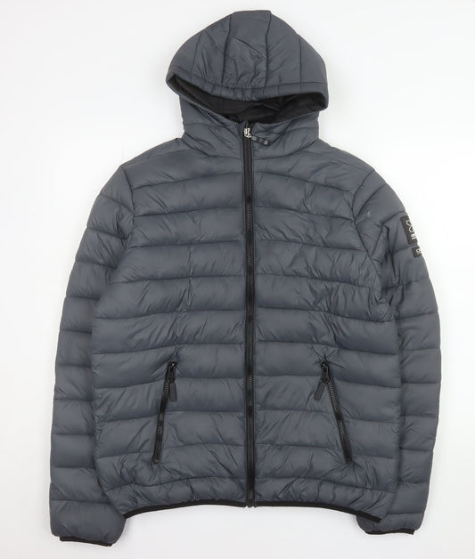 Crosshatch Men's Grey Hooded Puffer Jacket Size L Nylon Full Zip
