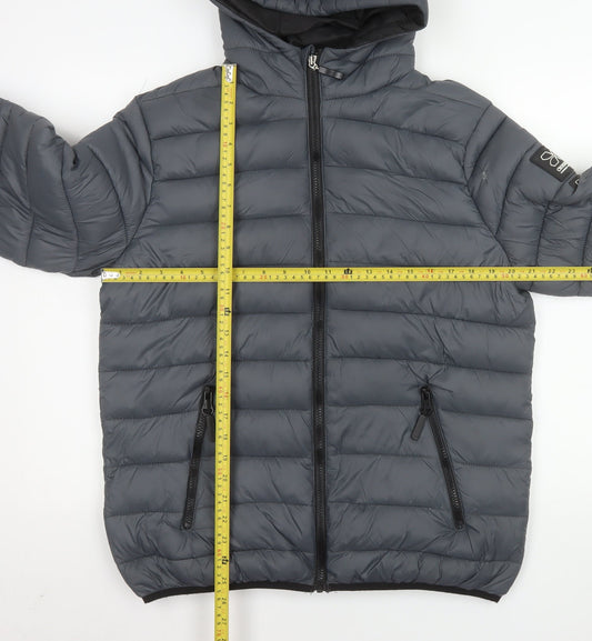 Crosshatch Men's Grey Hooded Puffer Jacket Size L Nylon Full Zip