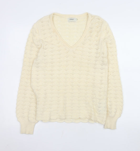 ONLY Womens Ivory V-Neck Open Knit Pullover Jumper Size M
