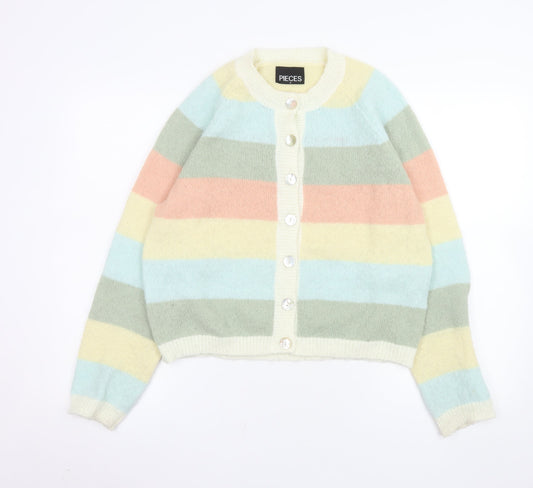 Pieces Womens Multicoloured Striped Cardigan M Knit Crew Neck