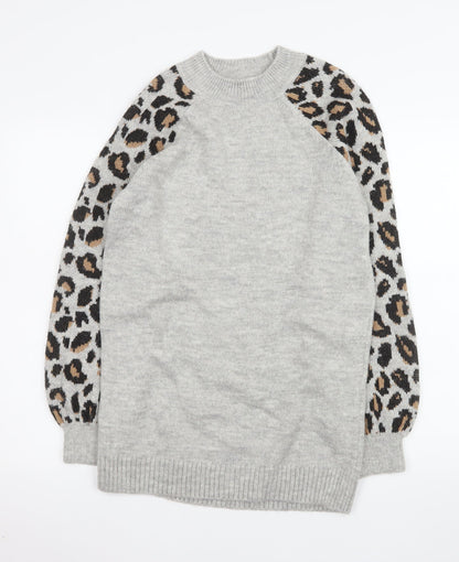 Tu Women Grey Leopard Sleeve Crew Neck Long Sleeve Jumper Size 12