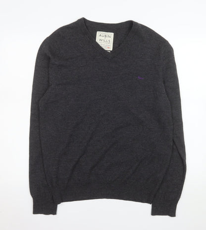 Aubin & Wills Men's Grey Merino Wool V-Neck Pullover Jumper L