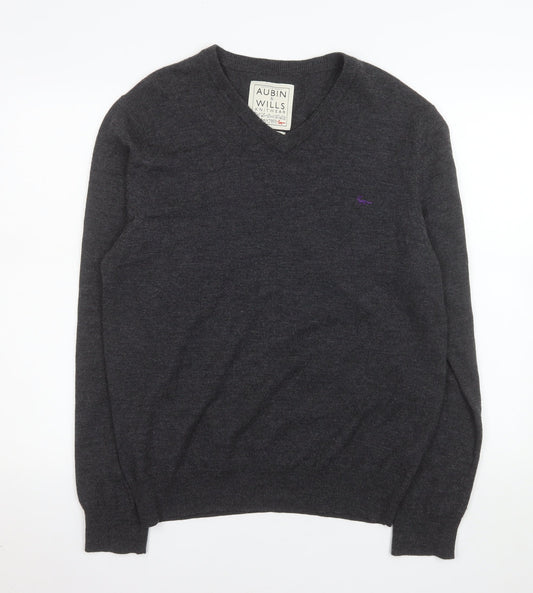 Aubin & Wills Men's Grey Merino Wool V-Neck Pullover Jumper L