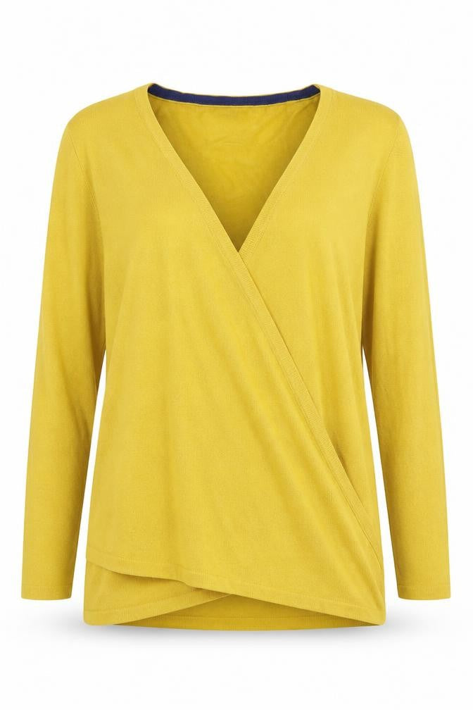 Boden Women's Yellow Wrap V-Neck Long Sleeve Cotton Blend Jumper Size 16