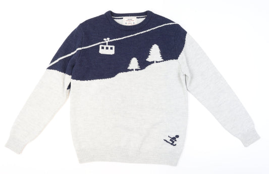 Next Mens Grey Christmas Ski Scene Crew Neck Jumper Size L