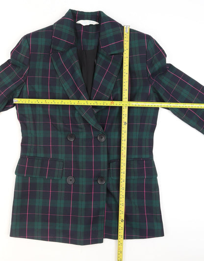 Primark Women's Green Check Blazer Size 6 Double-Breasted Jacket