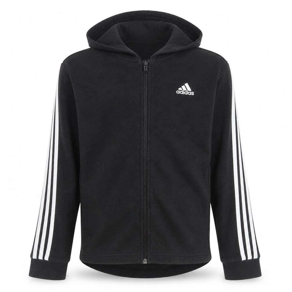 Front view of Adidas boys’ black fleece hooded full zip activewear jacket 11-12 years
