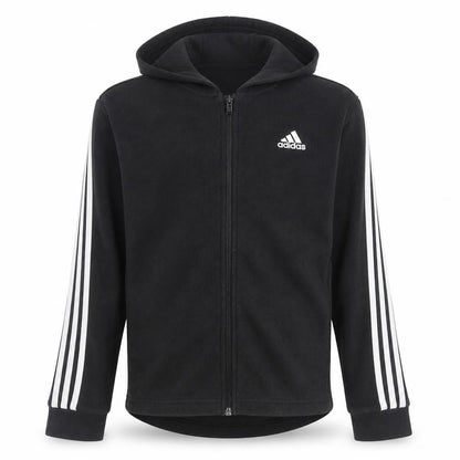 Front view of Adidas boys’ black fleece hooded full zip activewear jacket 11-12 years