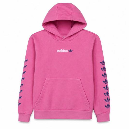 Front view of Adidas girls’ pink pullover hoodie 12-13 years logo long sleeve fleece