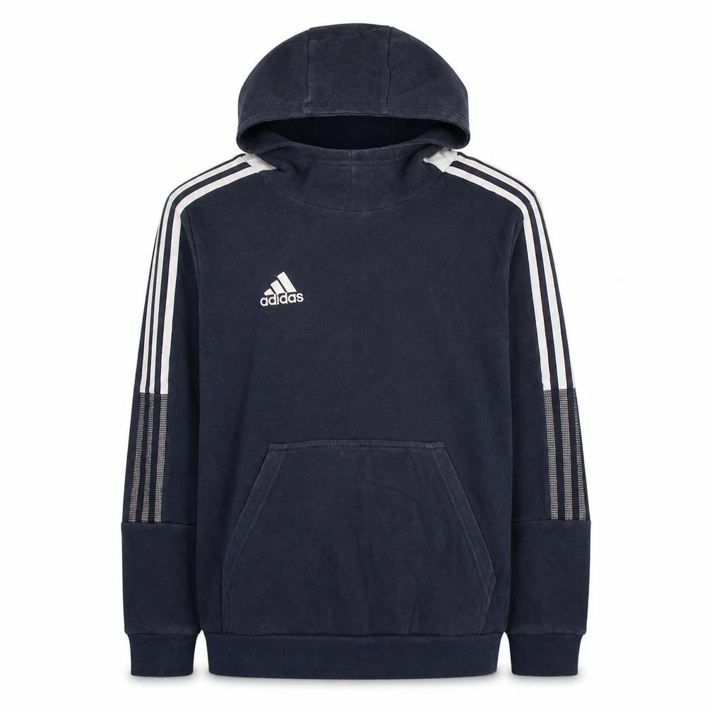 Front view of Adidas boys’ navy blue pullover hoodie sweatshirt, size 13-14, years