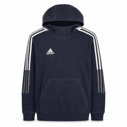 Front view of Adidas boys’ navy blue pullover hoodie sweatshirt, size 13-14, years