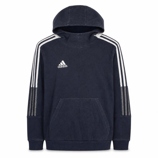 Front view of Adidas boys’ navy blue pullover hoodie sweatshirt, size 13-14, years