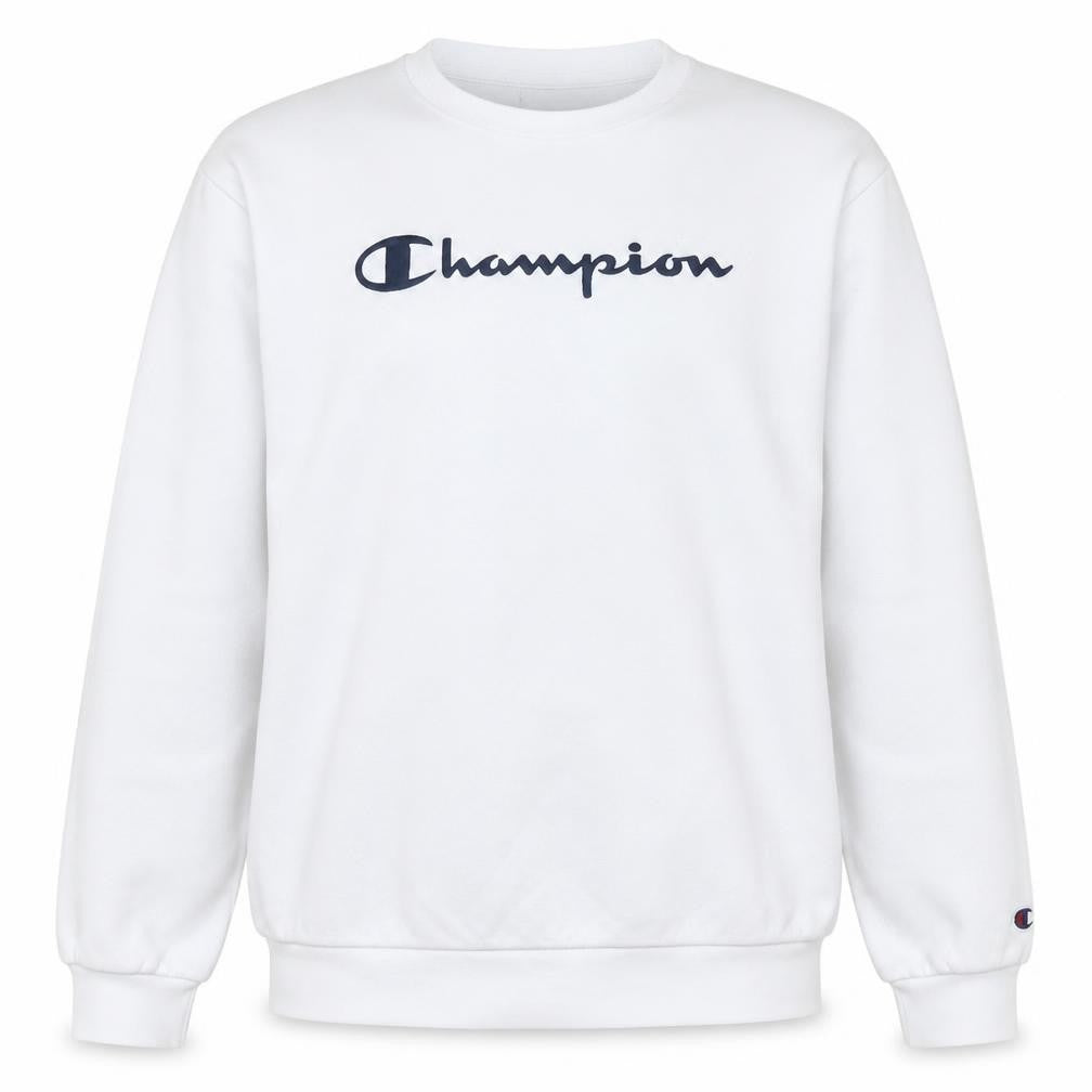 Front view of Champion boys’ white crew neck sweatshirt 15-16 years logo print
