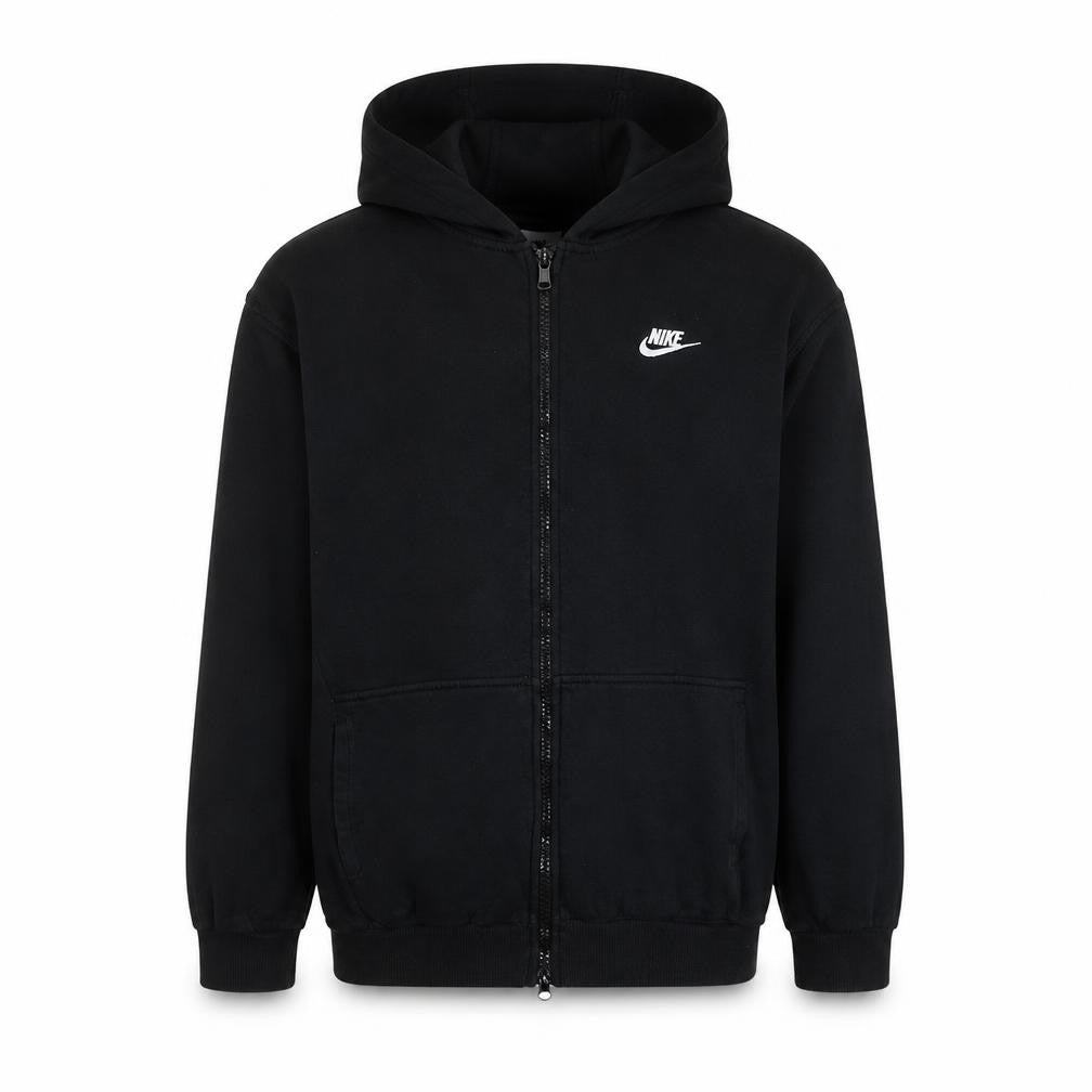 Front view of Nike boys’ black full zip fleece hoodie xl logo hooded sweatshirt