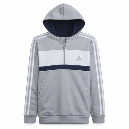 Front view of Adidas boys’ grey colourblock 1/2 zip hoodie sweatshirt, size 13-14, years