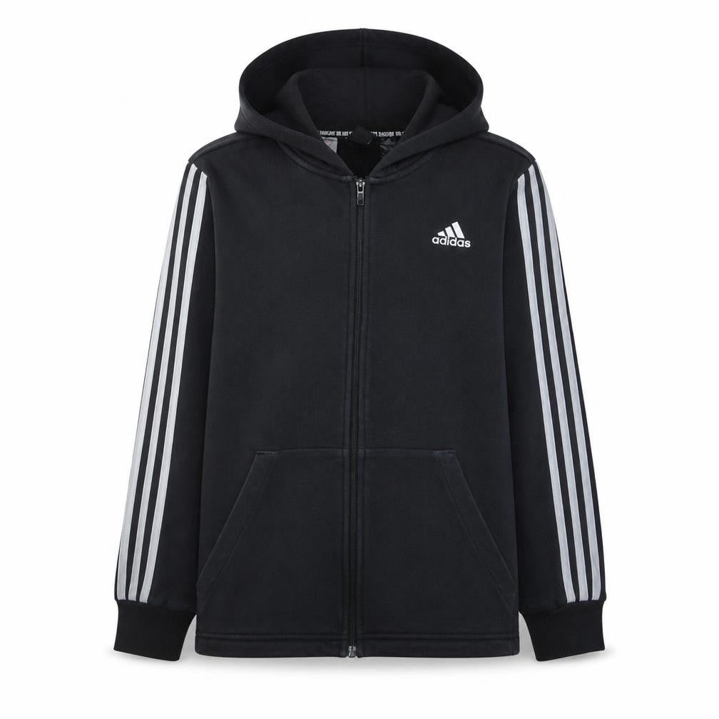 Front view of Adidas boys’ black full zip hoodie 13-14 years regular fit sportswear