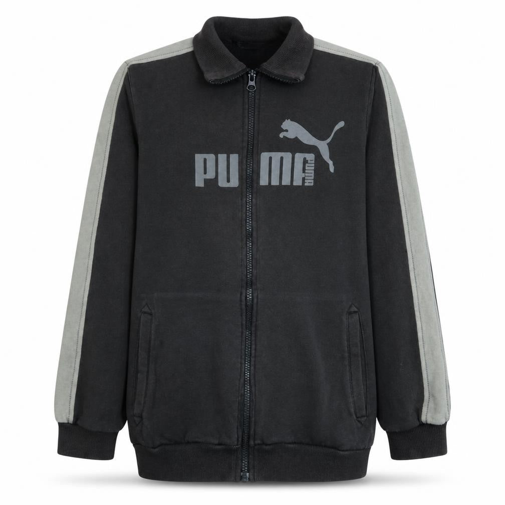 Front view of Puma boys’ black track jacket, size 14, years full zip fleece activewear