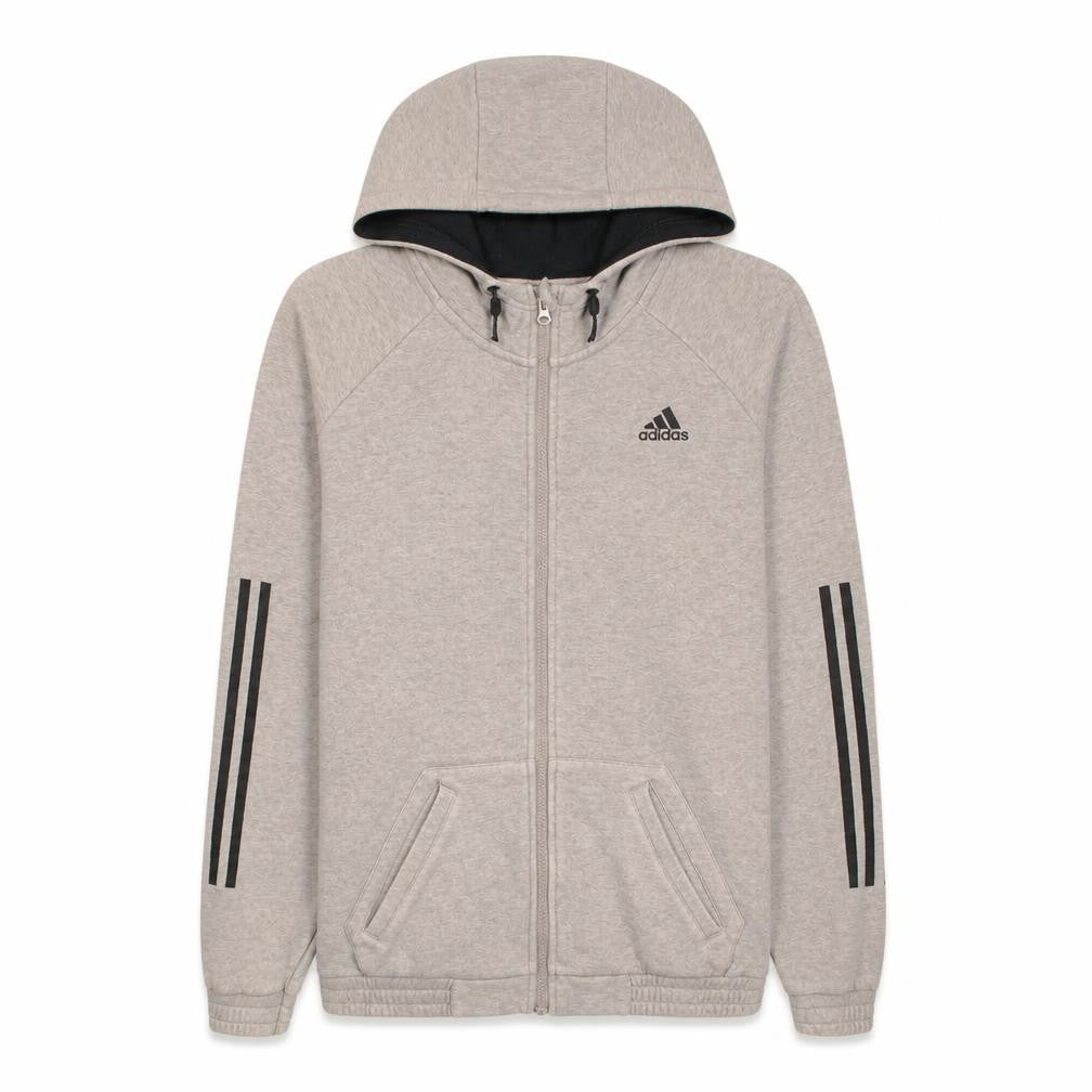 Front view of Adidas women’s beige full zip hoodie, size L, cotton blend sportswear