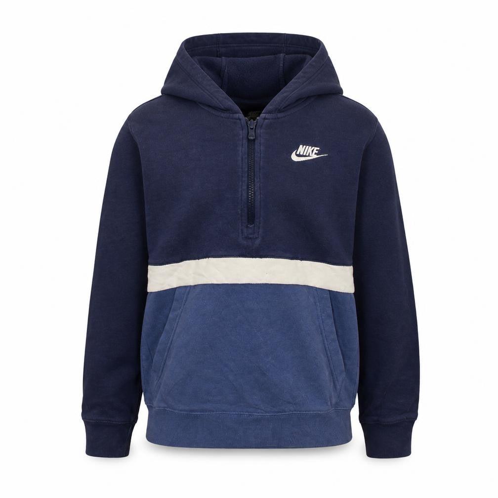 Front view of Nike boys’ blue colourblock fleece 1/4 zip hoodie, size L