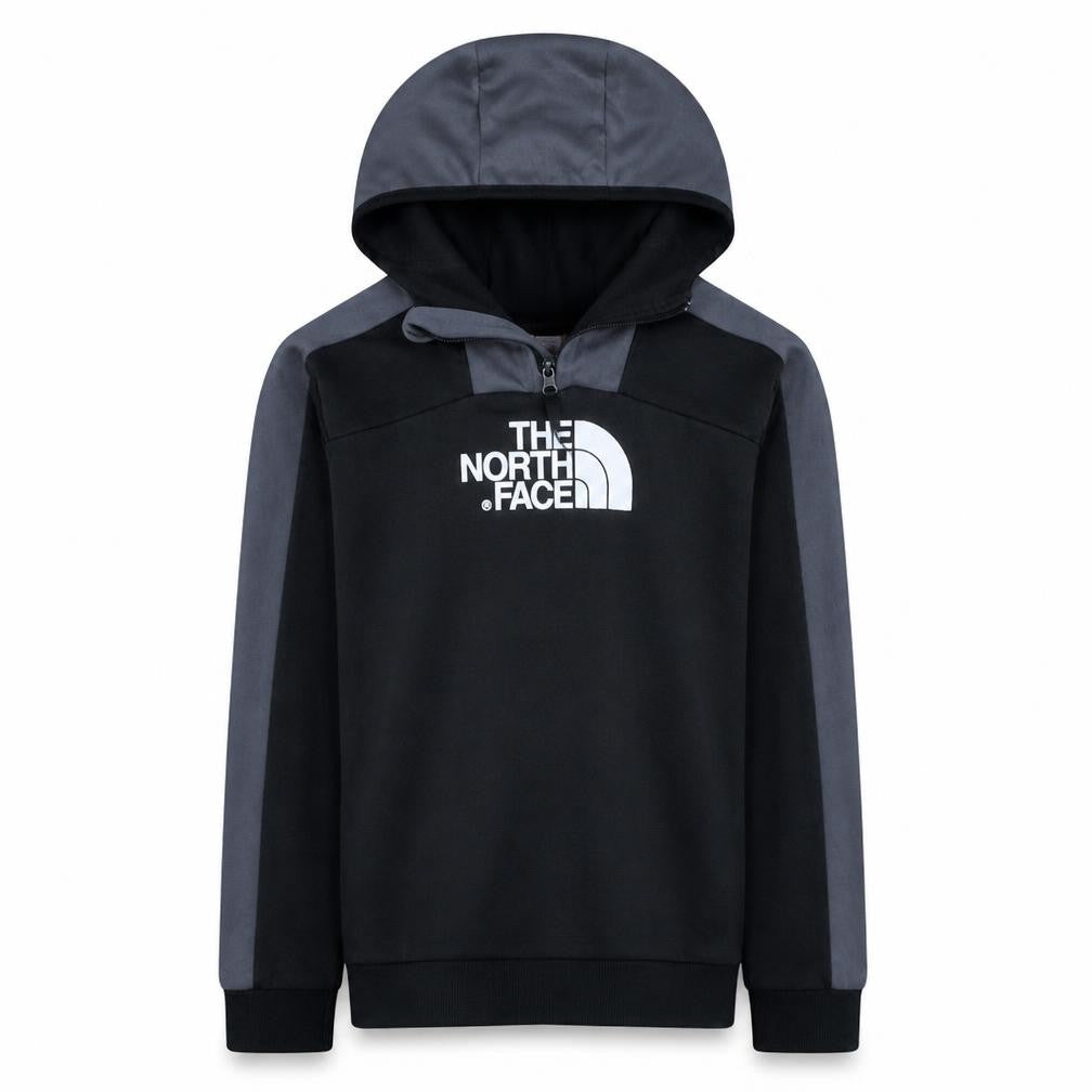 Front view of The North Face boys’ black xl pullover hoodie fleece 1/4 zip logo sweatshirt