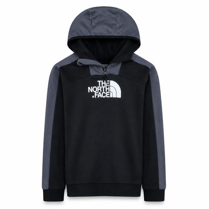 Front view of The North Face boys’ black xl pullover hoodie fleece 1/4 zip logo sweatshirt