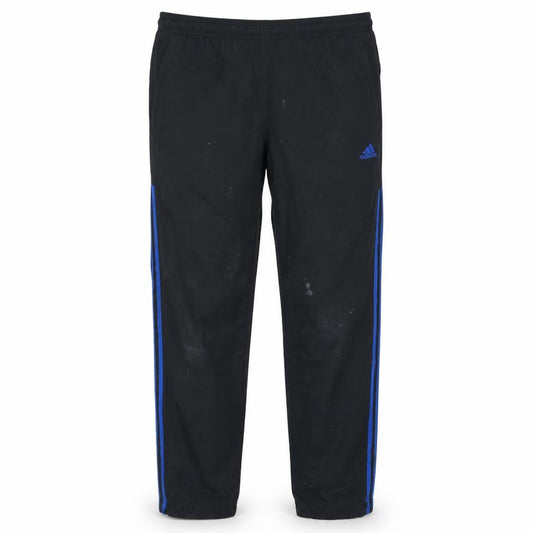 Front view of Adidas Men's Black M Track Pants with Blue Side Stripes