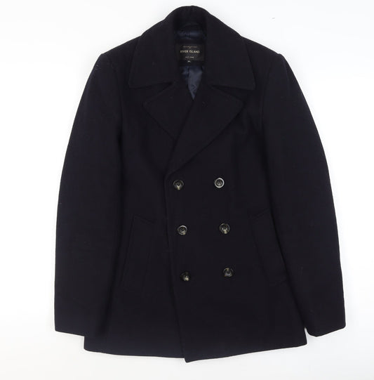 River Island Men's Black Wool Pea Coat XS Classic Mid-Length