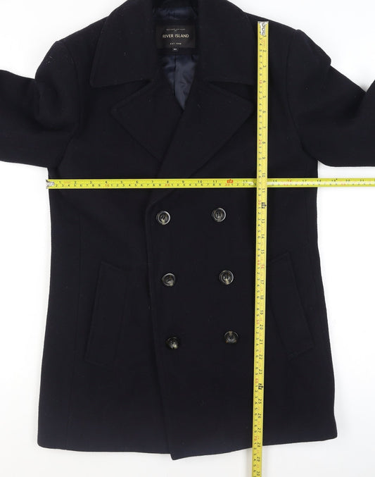 River Island Men's Black Wool Pea Coat XS Classic Mid-Length