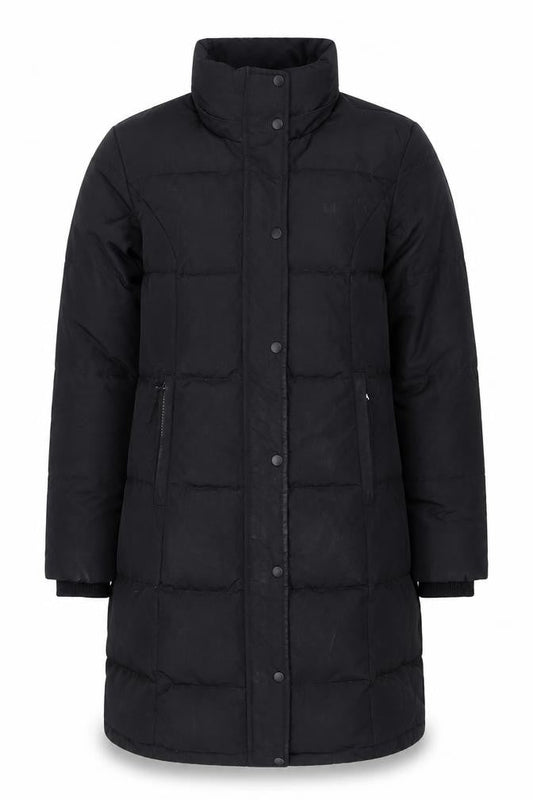 Front view of Crew Clothing Women's Black, size 8, Long Puffer Coat