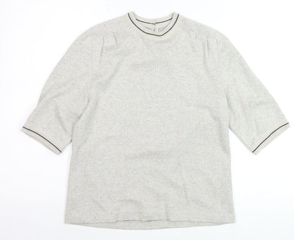 E Women Beige Knit Pullover Jumper UK 12 Classic Crew Neck Short Sleeve