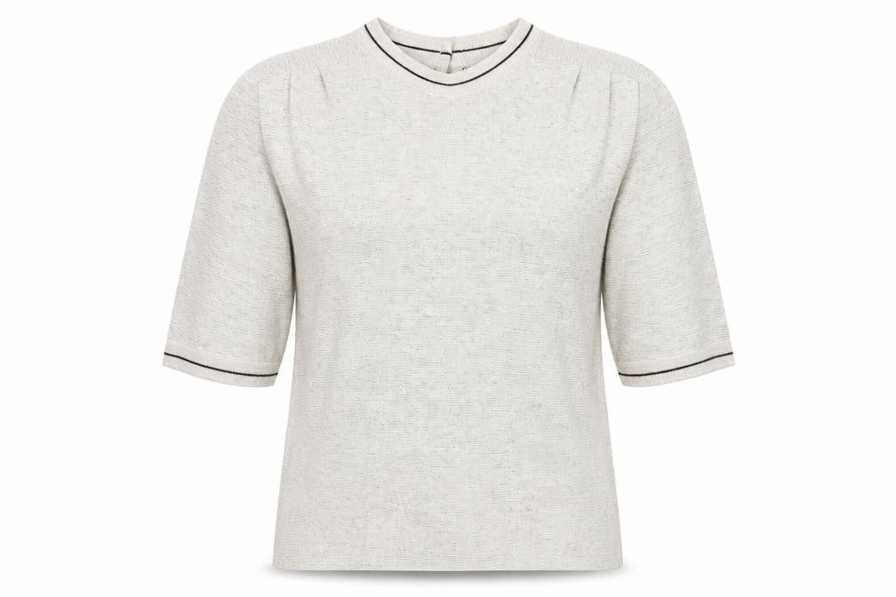 E Women Beige Knit Pullover Jumper UK 12 Classic Crew Neck Short Sleeve