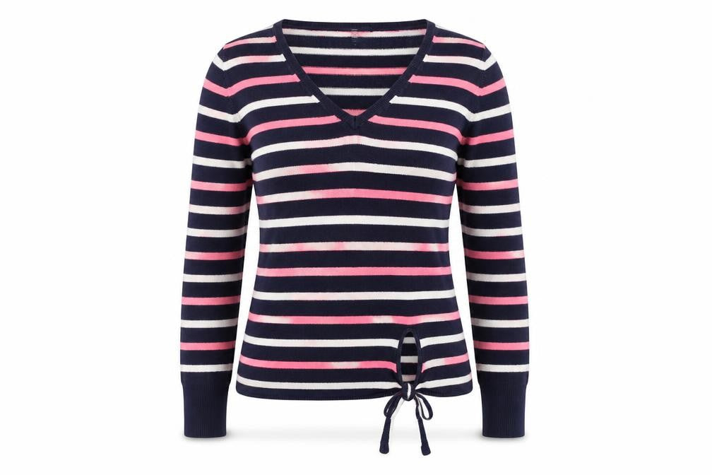 Gap Women Navy Pink Striped V-Neck Tie Hem Jumper XS Cotton Knit
