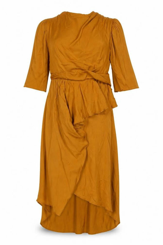 Front view of ASOS Women’s Brown Viscose Hi-Low Wrap Dress, size UK 12, Elegant Midi