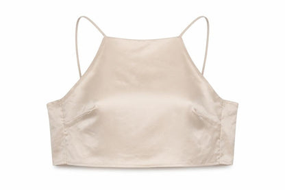 Glamorous Women’s Beige Satin Camisole Tie Back Halter Top UK 10