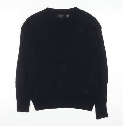 Ted Baker Womens Navy V-Neck Wool Blend Jumper Size 10 Classic Fit