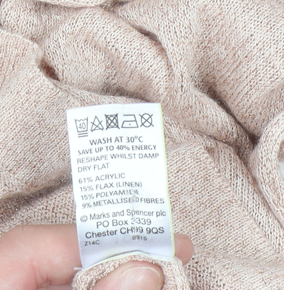 Marks and Spencer Women’s Beige Knit Metallic Linen Blend Short Sleeve Top Size 12