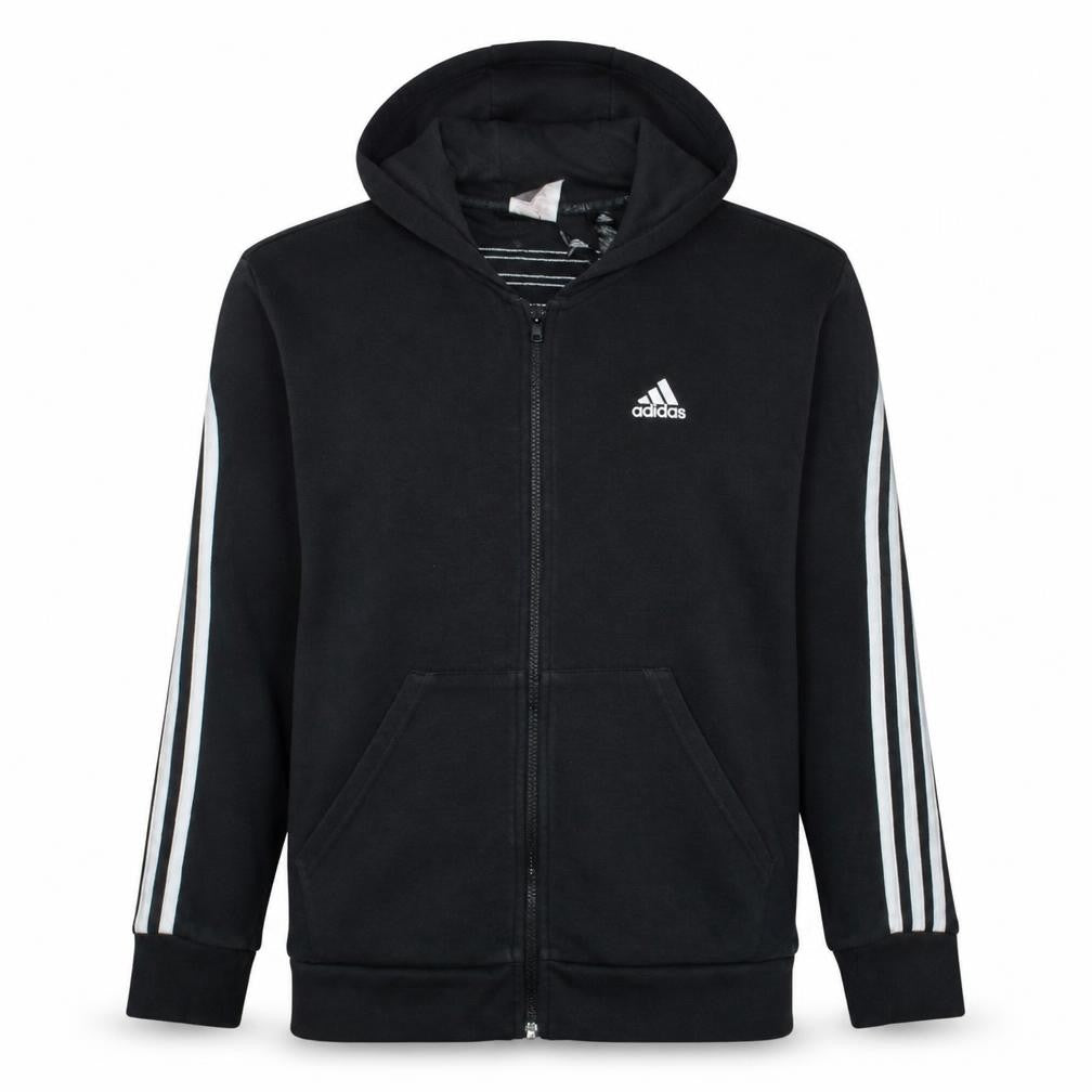 Front view of Adidas Teens Black Full Zip Hoodie L Sportswear Logo Sweatshirt