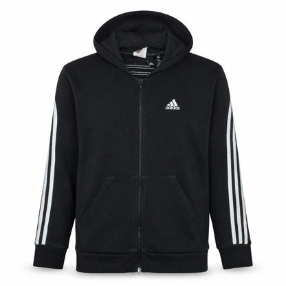 Front view of Adidas Teens Black Full Zip Hoodie L Sportswear Logo Sweatshirt