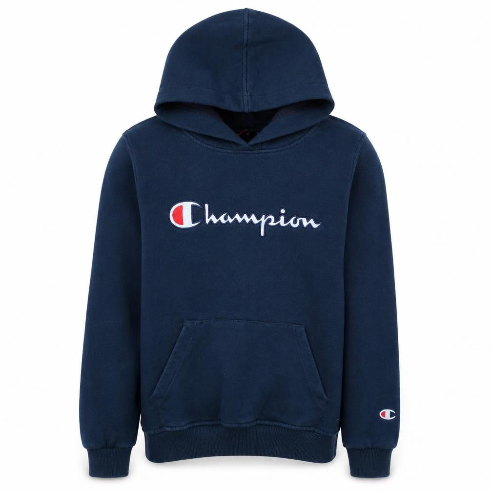 Front view of Champion Teens Blue Pullover Hoodie M Embroidered Logo Fleece