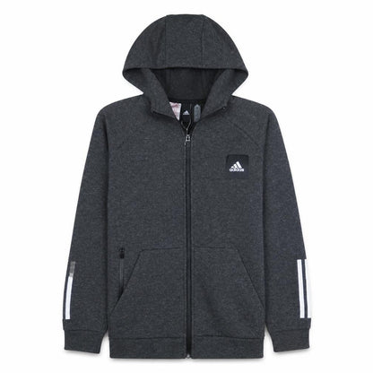 Front view of Adidas boys’ dark grey full zip hoodie, size 11-12, years hooded sportswear