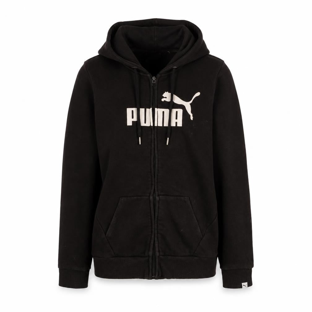 Front view of Puma Women's Black Full Zip Hoodie, size 8, Logo Graphic Sportswear