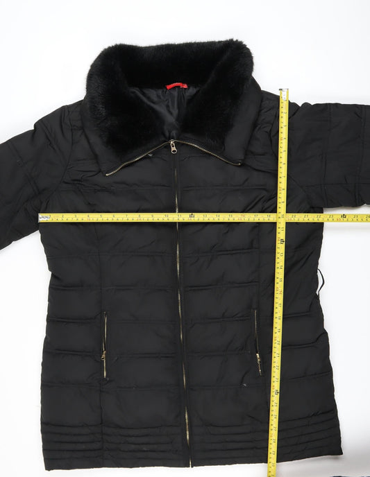 Tissaia Women Black Faux Fur Collar Mid-Length Puffer Coat Size 20