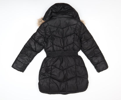 Michael Kors Girls Black Long Puffer Coat 10-11 Years Hooded Faux Fur Trim
