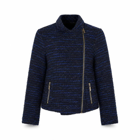 Front view of Linea Weekend Women's Blue Tweed Biker Jacket, size 8