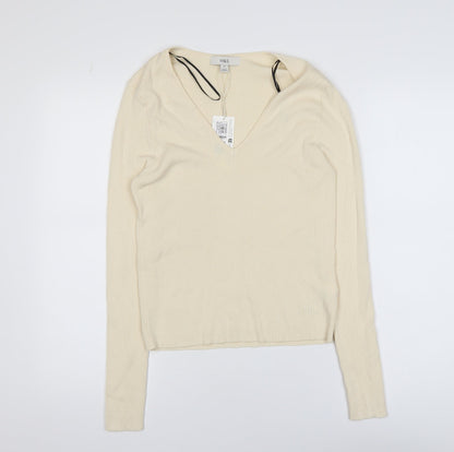 Marks and Spencer Women’s Beige V-Neck Ribbed Knit Long Sleeve Top M