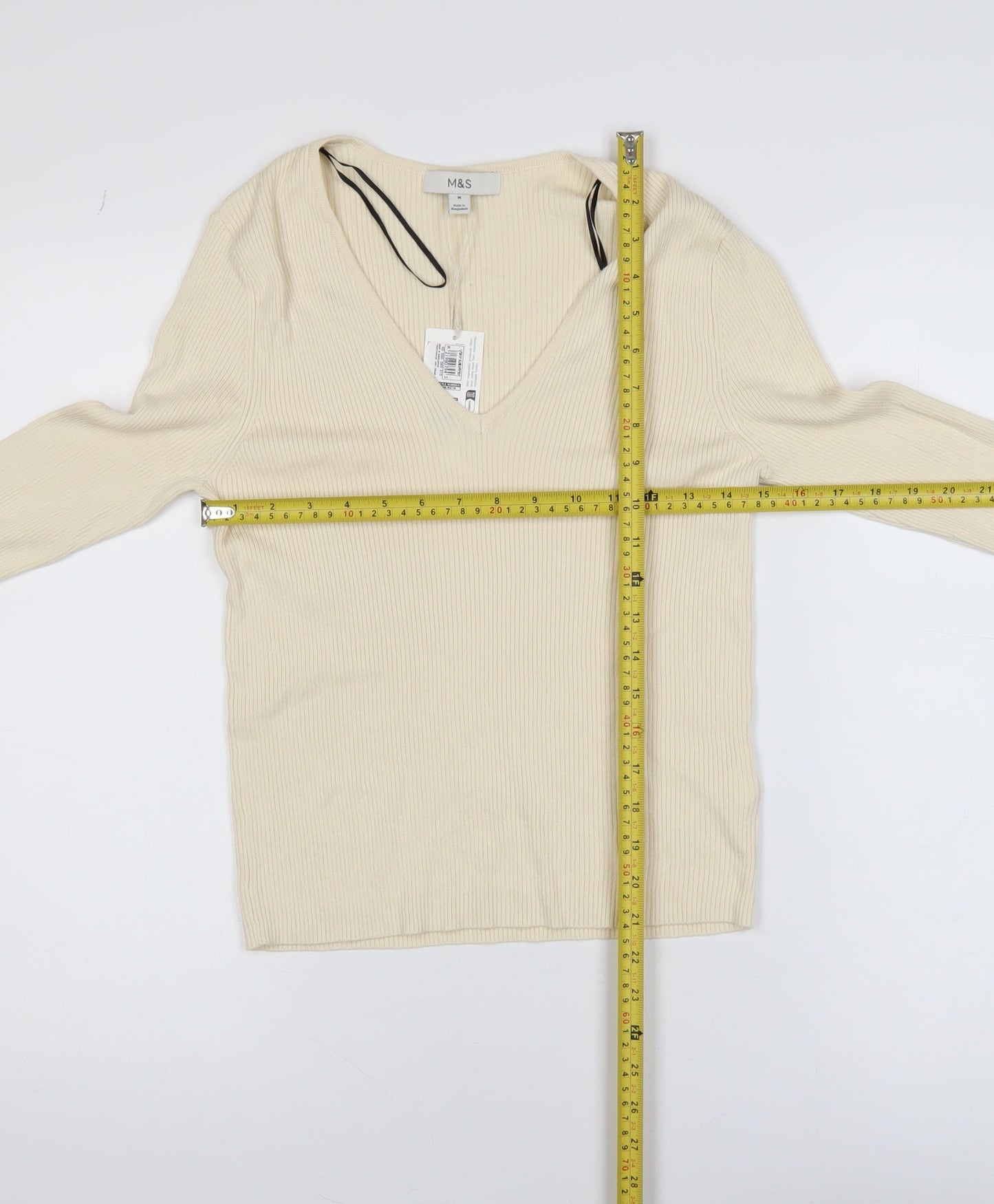 Marks and Spencer Women’s Beige V-Neck Ribbed Knit Long Sleeve Top M