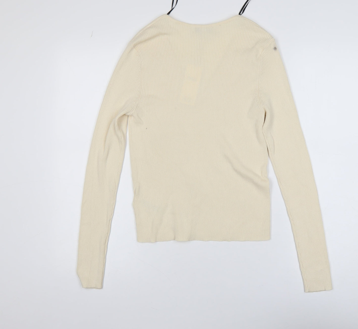 Marks and Spencer Women’s Beige V-Neck Ribbed Knit Long Sleeve Top M